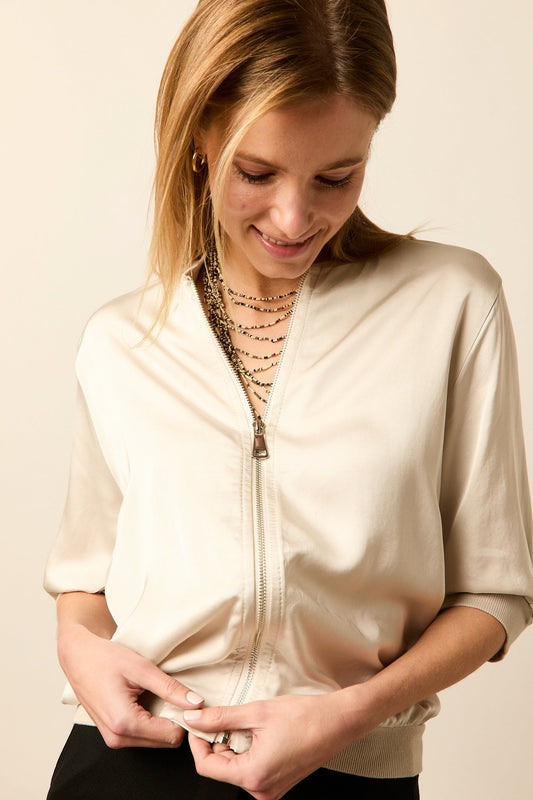 Bomber satinada manga francesa beige